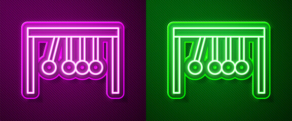 Glowing neon line Pendulum icon isolated on purple and green background. Newtons cradle. Vector