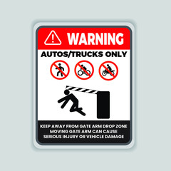 Warning sign: Keep Away From Gate Arm Drop. Moving Gate Arm Hazard. Eps 10 vector illustration.