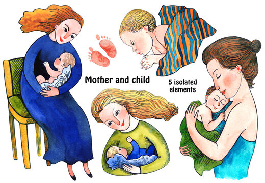 Motherhood - set of illustration of mother and child. Isolated elements on white background. Woman holding a baby, sleeping baby, baby feet. Watercolor illustrations.