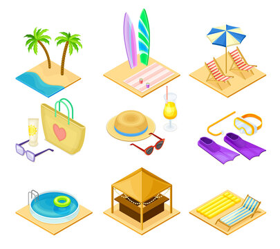 Beach Vacation Elements With Sand, Water And Sun Umbrella Isometric Vector Set