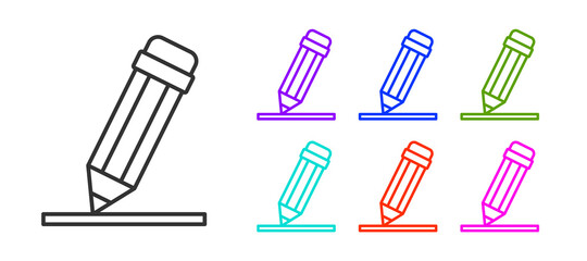Black line Pencil with eraser icon isolated on white background. Drawing and educational tools. School office symbol. Set icons colorful. Vector