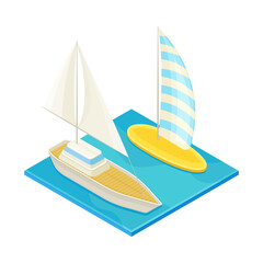 Square Water Area with Yacht as Beach Vacation Isometric Vector Illustration