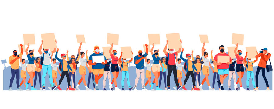 Crowd of diverse people at a demonstration. An angry men and women protest, holding placards. A protester is an aggressive person at a political rally, parade, or rally. Vector flat illustration.