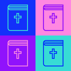 Obraz premium Pop art line Holy bible book icon isolated on color background. Vector