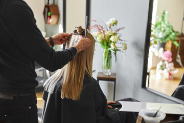 Naklejka premium Confident male stylist is dyeing hair of blond caucasian female client