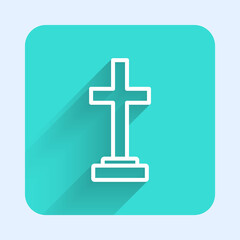 Obraz premium White line Grave with cross icon isolated with long shadow. Green square button. Vector