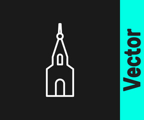 White line Church building icon isolated on black background. Christian Church. Religion of church. Vector
