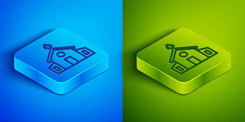 Isometric line Church building icon isolated on blue and green background. Christian Church. Religion of church. Square button. Vector