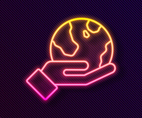 Glowing neon line Human hand holding Earth globe icon isolated on black background. Save earth concept. Vector