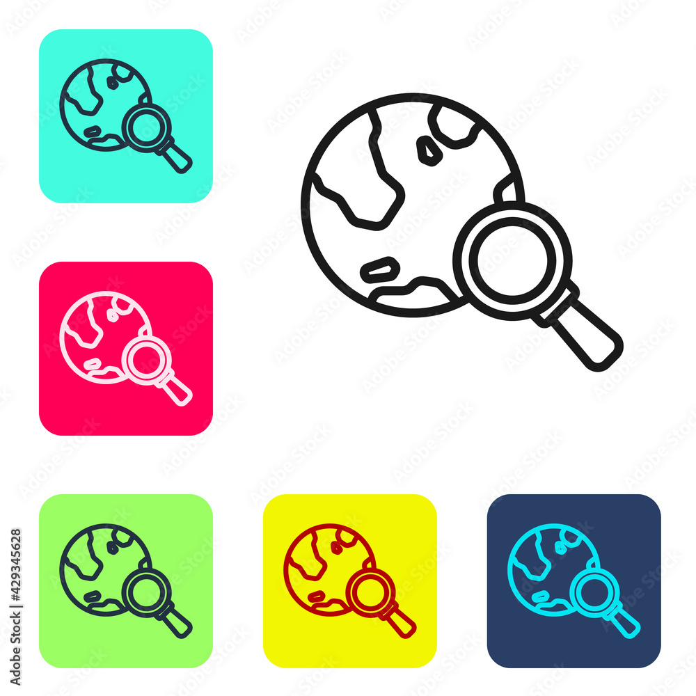 Poster black line magnifying glass with globe icon isolated on white background. analyzing the world. globa