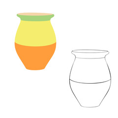 An outline jpeg illustration of two pots isolated on white background. Designed in black and white, yellow, green, orange colors for wallpapers, templates, as a coloring book for kids and adults