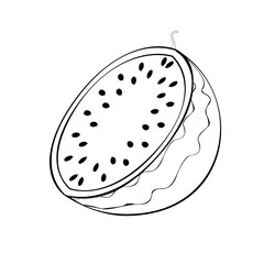 An outline jpeg illustration of a halved watermelon isolated on white background. Designed in black and white colors for prints, wraps and as a coloring page for kids and adults.