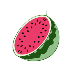 An outline jpeg illustration of a halved watermelon isolated on white background. Designed in green and red colors for prints, wraps for kids and adults.