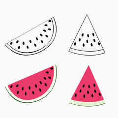 An outline jpeg illustration of four watermelon pieces isolated on white background. Designed in red and green colors for prints, wraps as a coloring page for kids and adults.