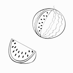 An outline jpeg illustration of two cut watermelons isolated on white background. Designed in black and white colors for prints, wraps and as a coloring page for kids and adults.