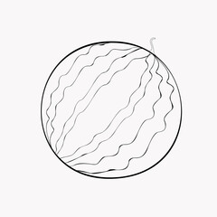An outline vector illustration of a watermelon isolated on white background. Designed in black and white colors for prints, wraps, wallpapers, templates, as a coloring page for kids and adults.