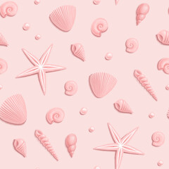 Seamless pattern with beautiful seashells, starfish and pearls on pink background. Ocean background.