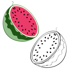 An outline vector illustration of two watermelon halves isolated on white background. Designed in black and white and green colors for prints, wraps and as a coloring page for kids and adults.