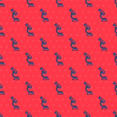 Blue line Microscope icon isolated seamless pattern on red background. Chemistry, pharmaceutical instrument, microbiology magnifying tool. Vector