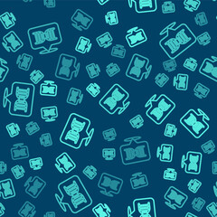 Green line DNA symbol icon isolated seamless pattern on blue background. Vector