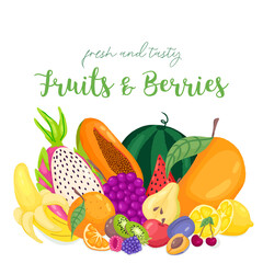 vector hand drawn template for banner, ad,print. Eco food berries and fruits. 