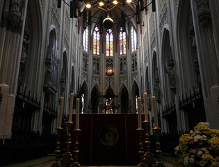 Clean minimalist Gothic interior style architecture inside Roman Catholic church or cathedral with...