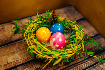 easter eggs in a nest, holiday, pass, sunday, easter egg, easter cake, egg, eggs, bright easter holiday, nest, holy easter, bright sunday, food, christ's day, easter, colorful, yellow, chicken