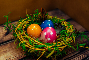 easter eggs in a nest, holiday, pass, sunday, easter egg, easter cake, egg, eggs, bright easter holiday, nest, holy easter, bright sunday, food, christ's day, easter, colorful, yellow, chicken
