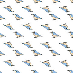 Vector white background birds silhouette seamless pattern. Blue tit, Purple Finch, Seamless pattern background