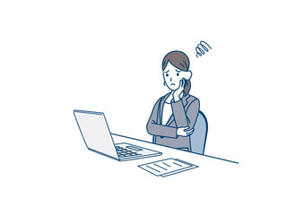 パソコンの前で悩むスーツ姿の女性　会社員　トラブル　不安　心配　イラスト素材