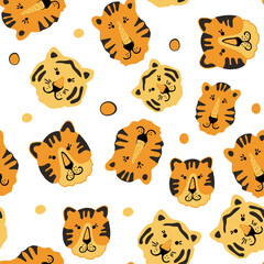 Obraz premium Bright colorful seamless pattern with exotic animals.Cute tigers. Nature jungle pattern. Childish style.Symbol of 2022