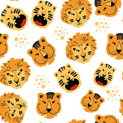 Bright colorful seamless pattern with exotic animals.Cute tigers. Nature jungle pattern. Childish style.Symbol of 2022