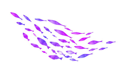 Silhouettes of groups of  fishes on white. Watercolor