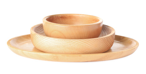 Empty clean wooden dishware isolated on white