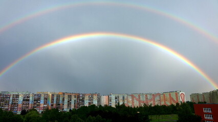 Rainbow in the city, double rainbow, rainbow in him, Gaj housing estate, Wrocław - obrazy, fototapety, plakaty