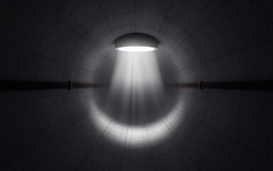 Old dark concrete walls tunnel with light rays coming in. 3d rendering