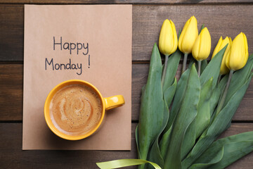 Happy Monday message, aromatic coffee and tulips on wooden table, flat lay