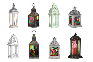 Set with different traditional Arabic lanterns on white background