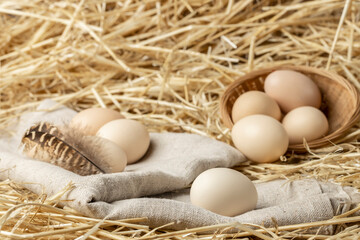 Eggs. Fresh chicken eggs from the farm. Fresh organic eggs on burlap in hay. Copy space.