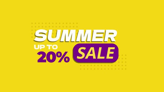 Summer Sale up to 20 percent off, animation, motion graphics. Bright animation on yellow background and chromakey. 4k motion