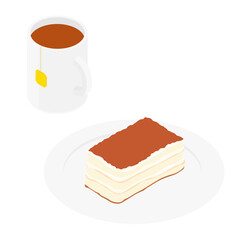 Italian tiramisu dessert and mug of hot tea