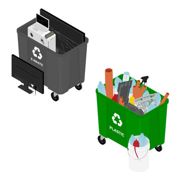 Garbage cans full of sorted garbage vector icons