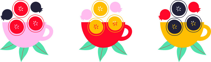 Fruit tea and berries tea hand drawing logo design. Isolated vector illustration. Handmade delicious flavored drinks, cups and spices. Set of hand drawn flavored drinks or natural beverages.
