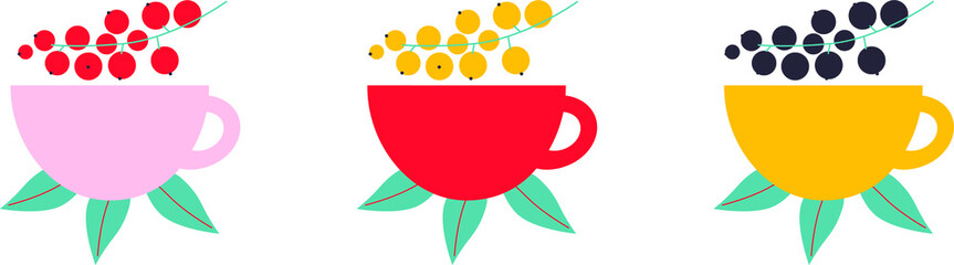 Fruit tea and berries tea hand drawing logo design. Isolated vector illustration. Handmade delicious flavored drinks, cups and spices. Set of hand drawn flavored drinks or natural beverages. © RioRita