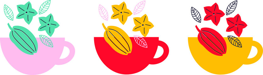 Fruit tea and berries tea hand drawing logo design. Isolated vector illustration. Handmade delicious flavored drinks, cups and spices. Set of hand drawn flavored drinks or natural beverages.