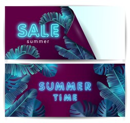 A set of banners with neon text sale, summer time on the background of the tropics. Horizontal Tropical flyer with exotic palm leaves and plants and a place for your text. 3d model of leaves. Vector