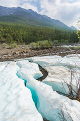Snow and ice on the banks of the river Hoisey. Putorana Plateau, Taimyr, Russia