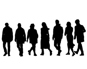 Families with little child walking on street. Isolated silhouettes of people on white background