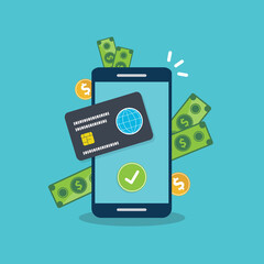 Cashback on smartphone, money bonus reward on mobile phone screen, cash returned back, income received, vector illustration