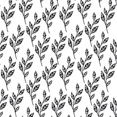 Fototapeta premium black and white floral seamless pattern, endless repeatable plant texture, vector illustration background
